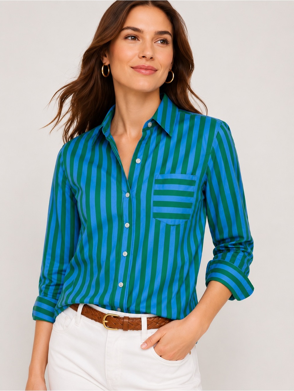 Talbots Blue Green Stripe Button Up Shirt Womens Small Cotton Prep Coastal